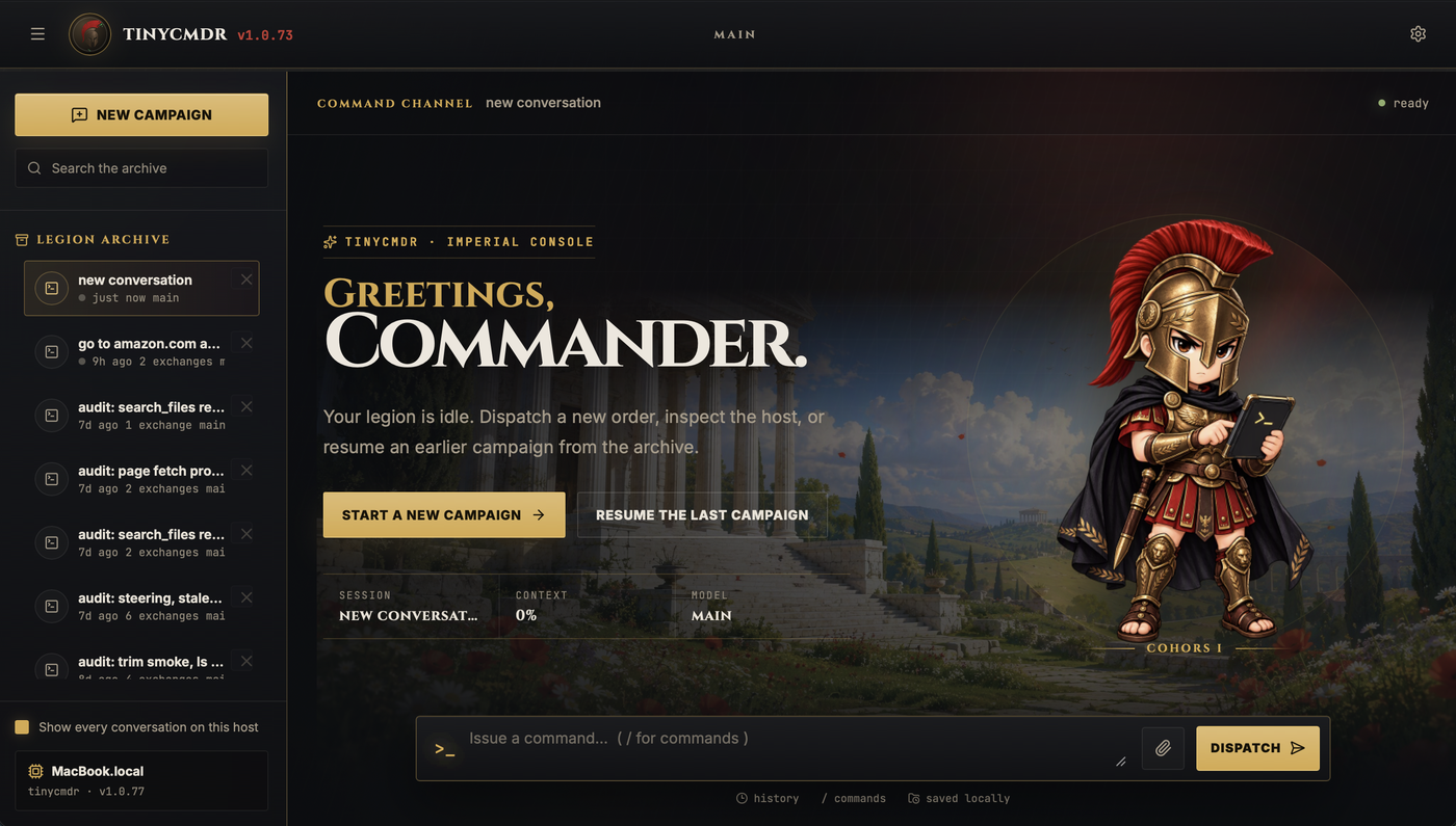 The tinycmdr page at its landing state