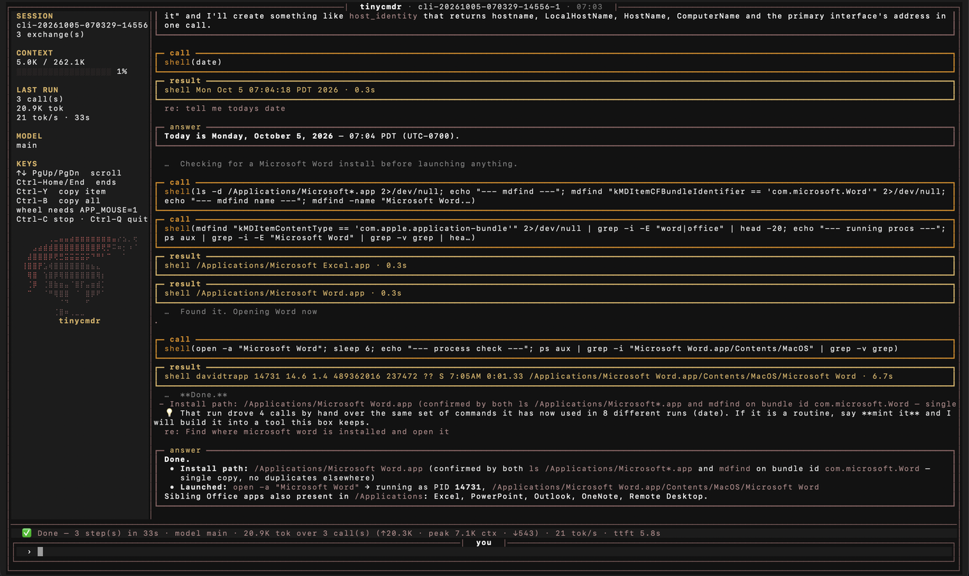 The full-screen terminal session, with the rail on the left and the run’s cards on the right